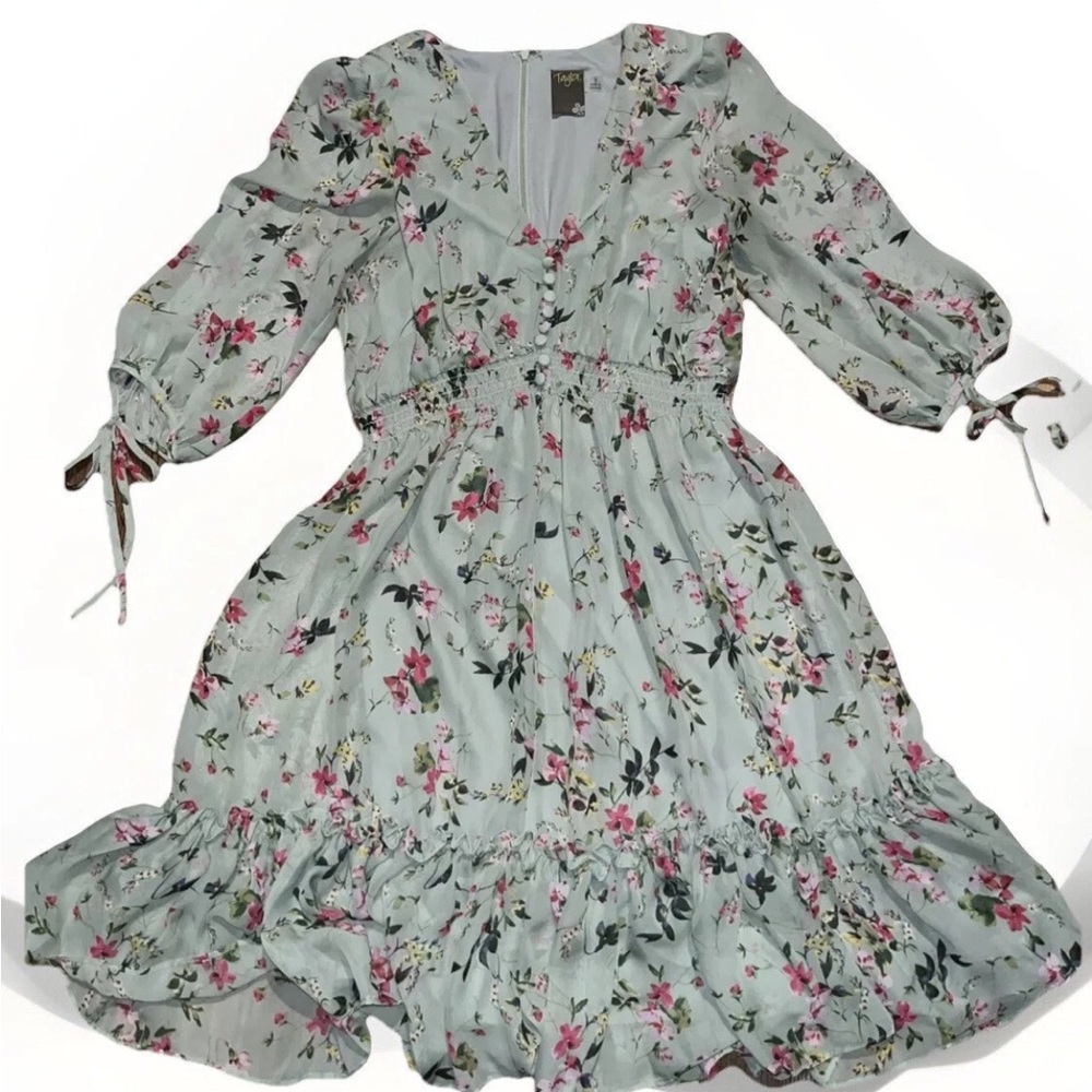 Taylor, green floral smocked Knee Length Dress, size 8, Elbow Balloon Sleeves - Picture 2 of 8